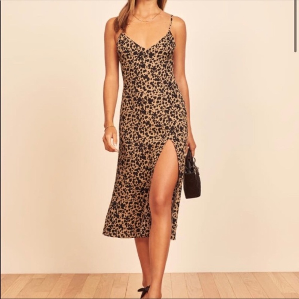 Reformation Crimini Bobcat Animal Print Spaghetti Strap Midi Dress Size 0